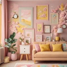 a living room with pink and yellow walls, pictures on the wall and paintings on the wall