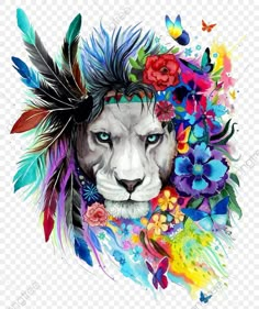 an image of a lion with feathers and flowers on it