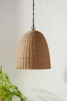 a wicker light hanging from a chain next to a potted plant