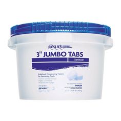 three jumbo tabs in a bucket with blue lid and plastic cap on top