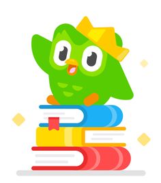 a green bird wearing a crown sitting on top of books