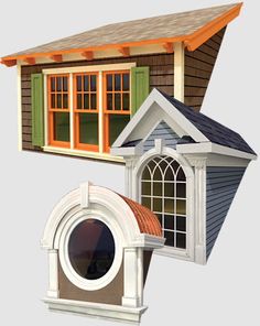 an image of a dog house made out of wood and vinyl sidings with windows on each side