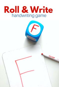 roll and write handwriting game for kids with letter f on the board, next to a pencil