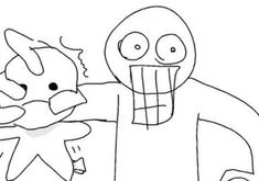 a drawing of a person holding a stuffed animal in front of another person with their mouth open