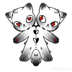 two white cats with red eyes and hearts on their faces, one is hugging the other