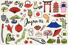 the word japan surrounded by various hand drawn objects