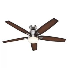 a ceiling fan with two brown blades and a light on the bottom one is turned on