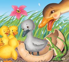 there are many ducks and ducklings in the grass together, one is hatching an egg