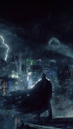 the dark knight stands on top of a building as lightning strikes in the city behind him