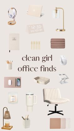 a poster with office items on it and the words clean girl office finds written in brown