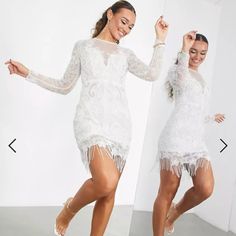 Nwt White Mini Dress With Sequins - Perfect For Wedding After-Party Dress. Never Worn, Just Doesn't Fit Me Quite Right. Crew Neck Long Sleeves Zip-Back Fastening Fringe Hem Slim Fit Fringe Wedding Dress, Outfit Ideas For Church, Boho Gown, Latina Outfit, Dress With Fringe, Fringe Mini Dress, Mesh Mini Dress, Asos Dress, Fringe Dress