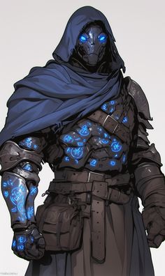 a drawing of a man in armor with blue lights on his face and hands,