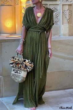 Olivia Mark - Chic Backless V Neck Beach Dresses for Casual Wear Soft Autumn Green, Wedding Guest Dress Code, Boho Evening Dress, Feminine Black Women, Moda Kimono, Spa Uniform, Elegant Kimono, Grecian Dress, Autumn Green