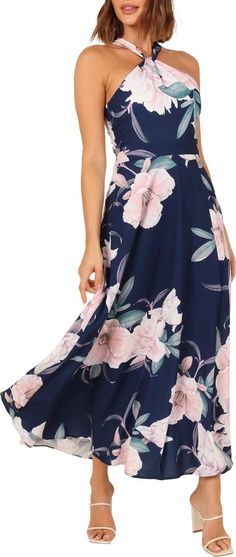 Petal & Pup Miara Floral Print Halter Dress | Nordstrom Pool Party Dress, June Dress, Petal And Pup, White Dress Shoes, Large Floral Print, Printed Halter Dress, July Wedding, Guest Attire, Sequin Prom Dresses