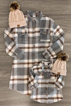 Mom & Me - Gray & Brown Flannel Shacket - Sparkle in Pink Matching Baby And Mommy Outfits, Family Fall Outfits, Baby Fall Outfits, Brown Plaid Flannel, Kids Fall Outfits, Mommy Daughter Outfits, Brown Flannel, Flannel Shacket, Family Picture Outfits