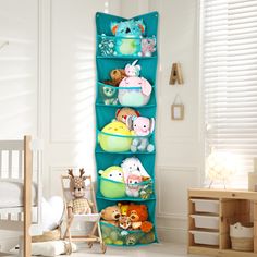 a toy storage rack in a child's room filled with stuffed animals and toys