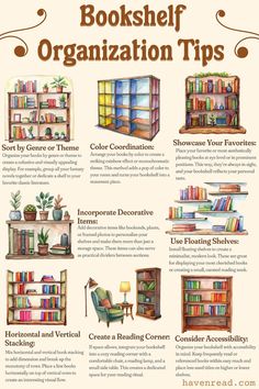 bookshelf organization tips poster with different types of bookcases and furniture in it