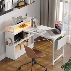 Create the perfect office space to work from home with Bestier white corner desk with storage. This l-shaped gaming desk with an open shelf cabinet fits snuggly in a corner to maximize your home office space. Equipped with an LED light, the l desk white with storage provides perfect illumination and atmosphere for your work or gaming sessions. The open shelf cabinet can be installed on both sides of the teacher desk to provide a perfect home for your binders and books but keep them within easy r Folding Desk Design, Corner Desk With Storage, White Corner Desk, Desk With Monitor Stand, Desk With Monitor, Computer Desk With Storage, Gaming Computer Desk, Standing Desk Office, Studio Desk