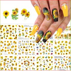 Sunflower Nail, Sunflower Nail Art, Nail Decals Diy, Nail Water Decals, Sunflower Nails, Summer Nail Art, Nail Stickers Decals, Nail Design Inspiration