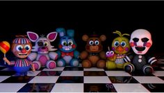 five colorful stuffed animals sitting on top of a checkered floor in front of a black background