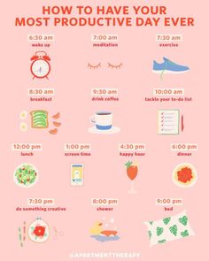 This productivity guide and schedule is the best way to be your most productive self. These tips will lead you to your most productive morning, afternoon and night routine to motivate and keep you focused. #health Resep Diet, Day Schedule, Productive Morning, Breakfast Drink, Healthy Routine, Productive Day, Self Care Activities