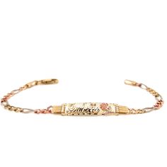 Presenting our enchanting 14k Gold Kids ID Bracelet, adorned with a delicate White Gold Rose Flower on the nameplate and featuring timeless Solid Figaro Style Links. The exquisite Rose Flower on the nameplate adds a touch of grace and beauty standing as a symbol of love, innocence, and the blooming of a precious life.  We believe in the power of personalization. Your child's name is expertly cut from solid 14k Gold and elegantly overlaid on the bracelet, creating a one-of-a-kind accessory. Addit Mexican Gold Bracelets Baby, Quinceañera Jewelry, Gold Rose Flower, Quinceanera Jewelry, Customised Bracelets, Jewelry Accessories Ideas, Id Bracelets, Accessories Ideas, Jewelry Lookbook