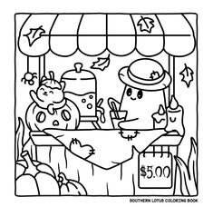 a coloring page with an image of a man and woman at a market stall,