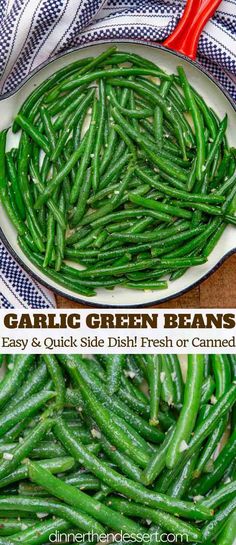 garlic green beans in a white dish with red spoons and blue checkered cloth