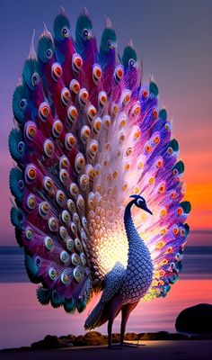 a large colorful peacock standing on top of a beach next to the ocean at sunset