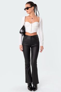 PRODUCT INFO Flared jeans For heights up to 5'4 Polyester, Rayon, Spandex Model wears size S Model height is 5'5 Item care: Wash with similar color Petite Flare Jeans, Leather Jeans, Swimwear Dress, Flared Jeans, S Models, Set Dress, Fashion Collection, Flare Jeans, Black And Brown