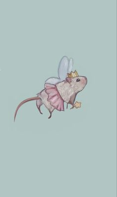 a drawing of a mouse with wings and a crown on its head, flying through the air