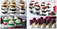 four different shots of desserts with cherries and whipped cream