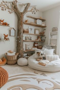 a room with lots of shelves and stuffed animals on the wall, including a tree