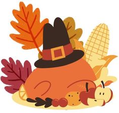 an illustration of a turkey with a hat on it's head surrounded by fall leaves and acorns