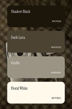 the color scheme is shown in shades of brown, black and white with text that reads dark lava grullo, floral white, shadow black