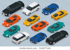 many different colored cars are parked in a parking lot, all facing one another and the other