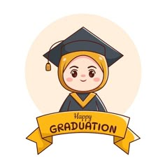 a cartoon character wearing a graduation cap and gown with a yellow ribbon around it that says happy graduation