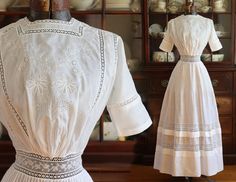 1900-1910s Antique Edwardian Embroidered Summer Lawn Dress Vintage Cotton Dolman Lingerie Gown With Lace Inserts Pin Tucks Floral Details - Etsy UK