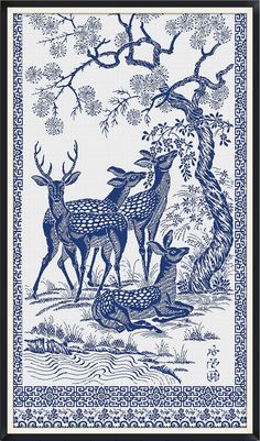 a blue and white drawing of deer in the woods