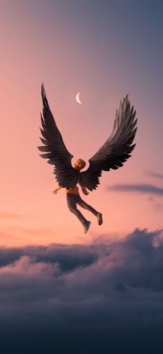 an angel is flying through the air with its wings spread out in front of a pink and blue sky