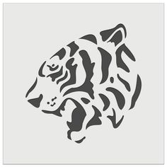 a black and white drawing of a tiger's head on a gray background with the word