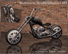 a motorcycle is shown in front of a brick wall with the words creative time studio on it