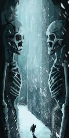 two skeletons standing next to each other in the snow