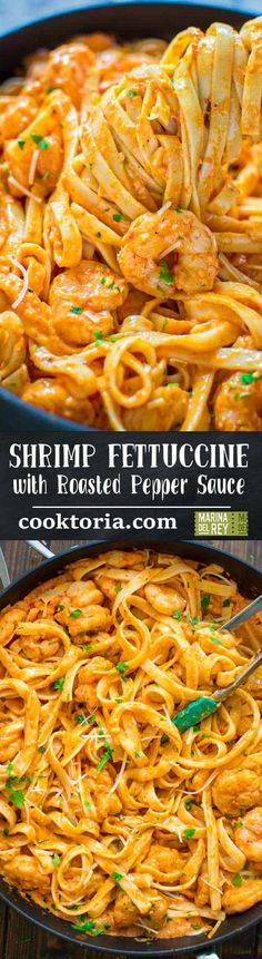 shrimp fettuccine with roasted pepper sauce in a skillet