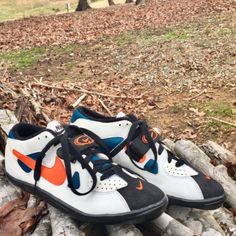 Vintage, Est. 1999, Nike Zoom Leather Track & Field Shoes Are Unisex But A Women's Size 8 (Men's Size 6.5?), Almost New! Striking With Orange & Teal Colors On White With Black Trim Color! Miami Dolphins Colors. No Visible Damage/Flaws, Just An Ever So Slight Scuffing On Bottoms. Note: Bottom Of Shoes Are 10.25" Long, & 3.5" Wide At Widest Point. Female Tried On Who Wears Size 8 M & She Had Thumb Width Left At Toe Box End. Heel Boxes Were Just A Little Wide For Her, Said "Excellent Arch Support." White With Black Trim, Track And Field Shoes, Pastel Orange, Track Field, Miami Dolphins, Shoes Color, Trim Color, Shoes Nike, Nike Zoom