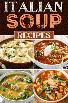 italian soup recipe collage with four different pictures and text overlaying the image