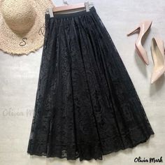 Olivia Mark - Lace High-Waisted Hollow-Out Maxi Skirt with Flowy Hem and Bold A-Line Design Black Lace Skirt For Spring, Spring Black Lace Skirt, Black Lace Summer Skirt, Black Lace Skirt For Summer, Black Lace Skirted Bottoms, Black Lace Long Skirt, Line Design, Olivia Mark, A Line Skirts