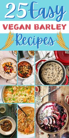 the 25 easy vegan barley recipes are on display with text overlay that reads, 25 easy vegan barley recipes