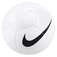 a white soccer ball with black nike logo