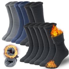 six pairs of men's socks with fire on the side and one pair of slippers